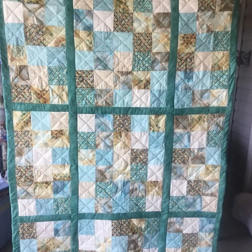 NWT Hand Crafted Quilt in Teals and Tans